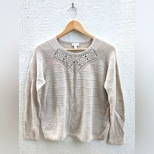 Garnet Hill Linen Organic Cotton Beige Neutral Knit Crochet Sweater Size Small